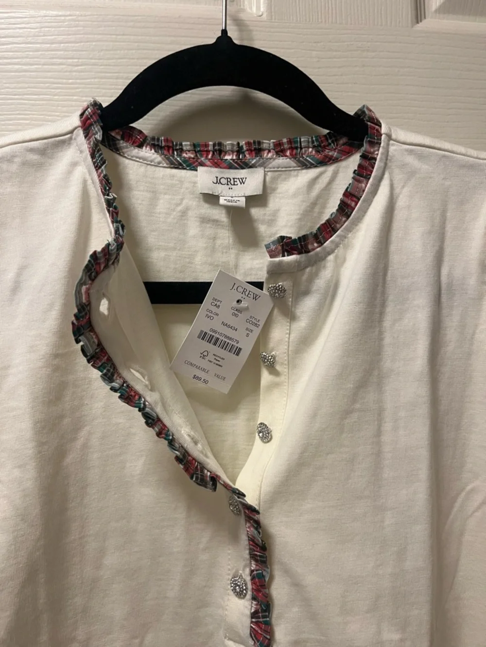 J. Crew Women’s Cream Long-Sleeve‎ Henley with Red Plaid Ruffle Trim Size Sm NWT
